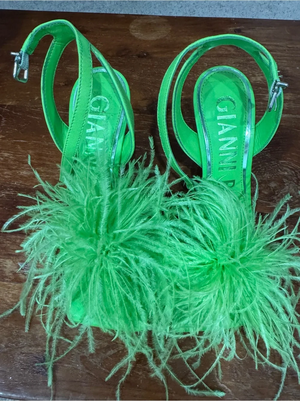 Gianni Bini Neon Green Feather Pom Slingback Heels